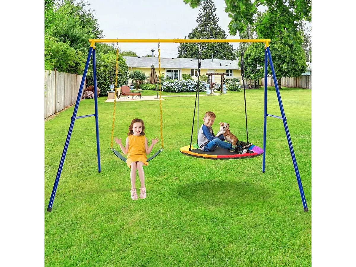 Portique avec Balançoire Nid d'Oiseau Ronde Ø100CM Balançoire Ceinture 1,2m pour Enfant Charge 300KG 2 Méthodes de Fixation