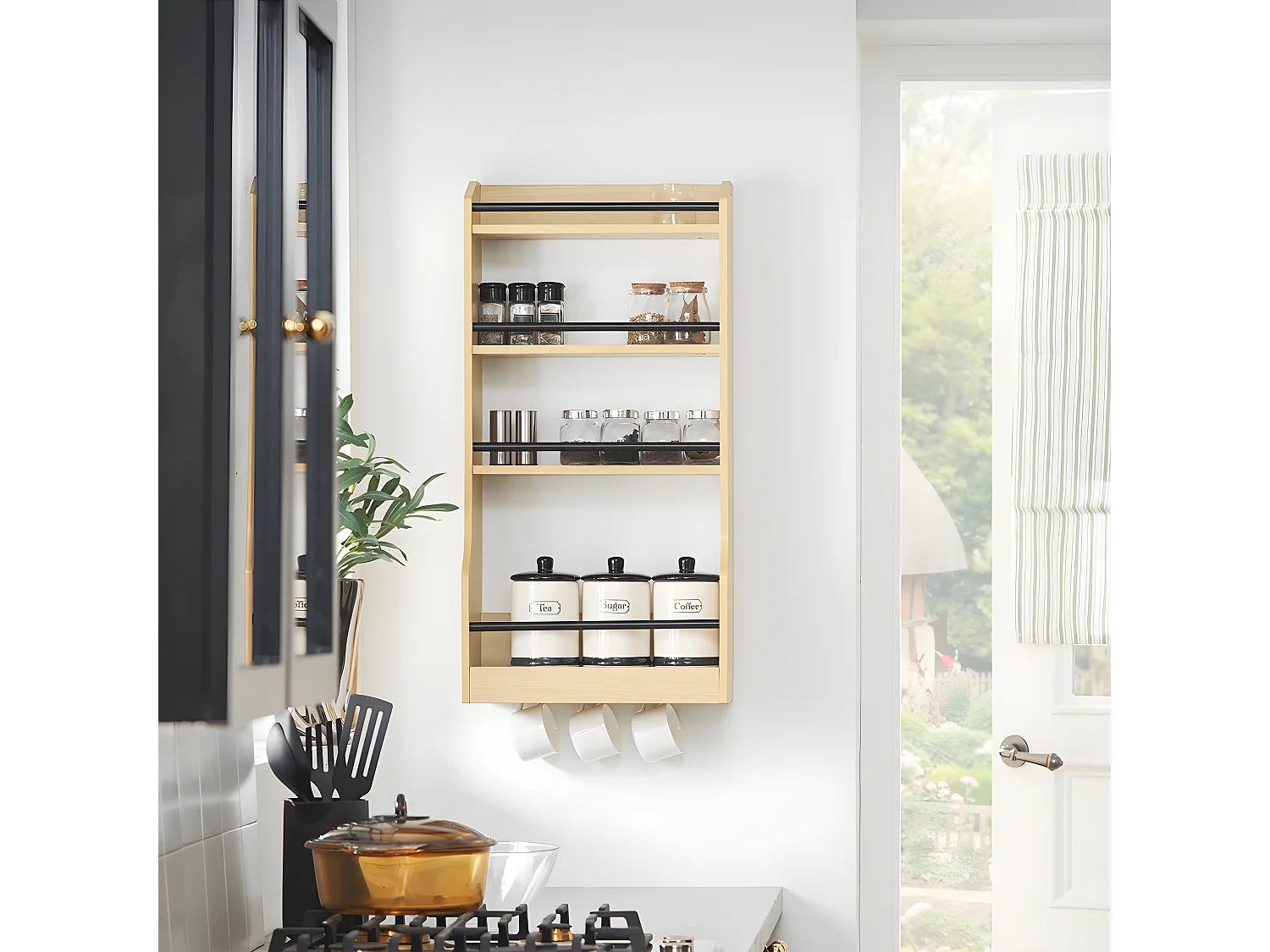 SoBuy Étagère à Suspendre Murale Étagère à Épices Rangement Cuisine Étagère de Salle de Bain avec 4 Étagères et 3 Crochets 38x17x75 cm, KCR12-N