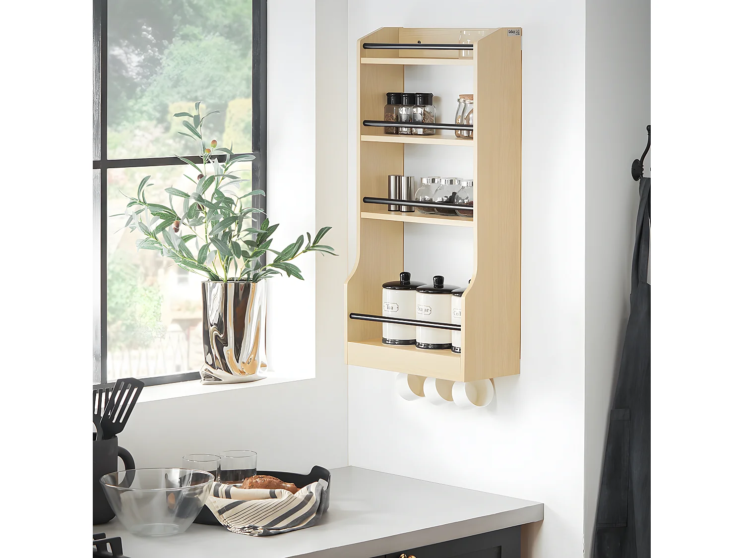 SoBuy Étagère à Suspendre Murale Étagère à Épices Rangement Cuisine Étagère de Salle de Bain avec 4 Étagères et 3 Crochets 38x17x75 cm, KCR12-N