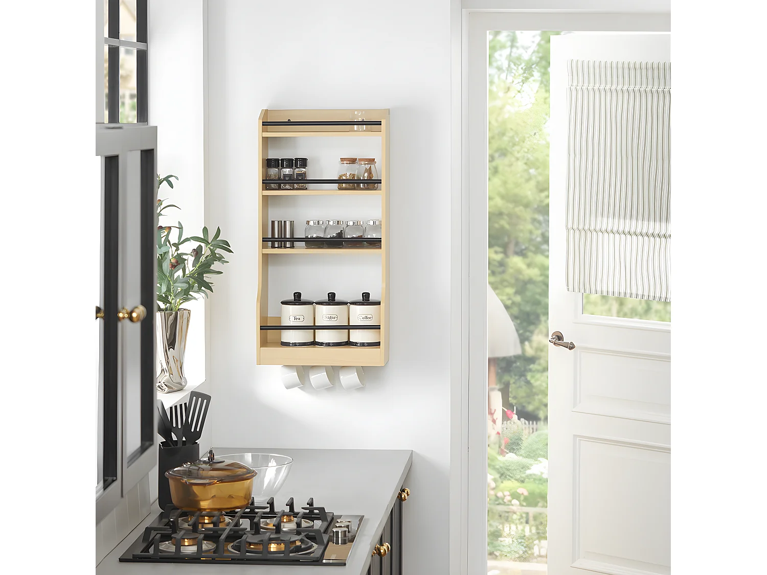 SoBuy Étagère à Suspendre Murale Étagère à Épices Rangement Cuisine Étagère de Salle de Bain avec 4 Étagères et 3 Crochets 38x17x75 cm, KCR12-N