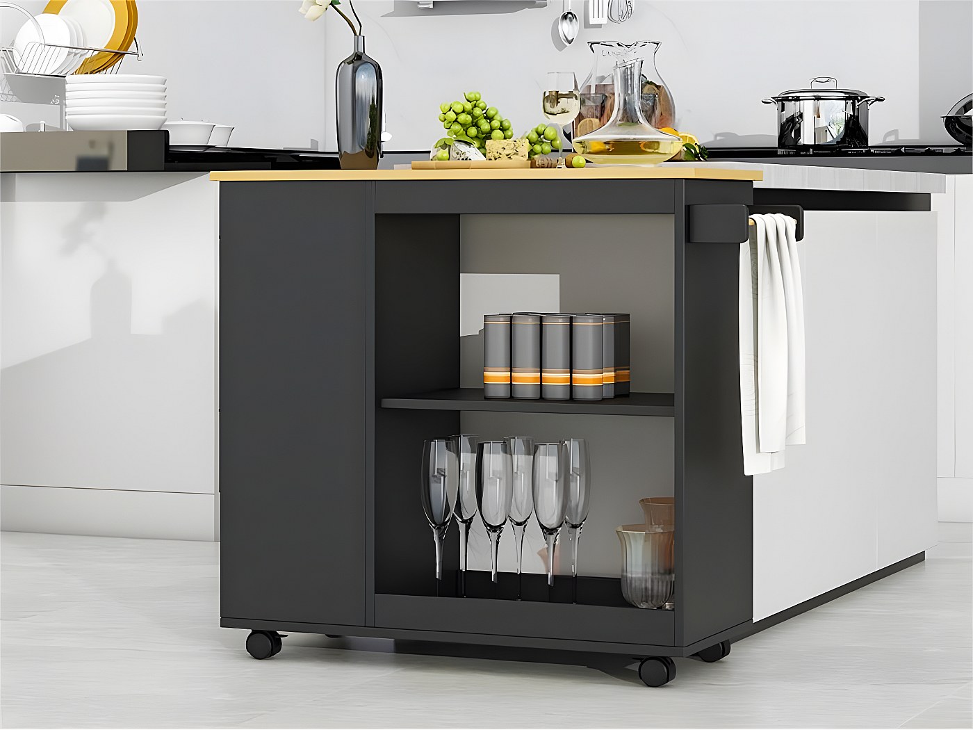 Carrello Porta TV Linea Azzurra - Design Italiano, Legno, Con Rotelle - Colore Bianco Frassinato