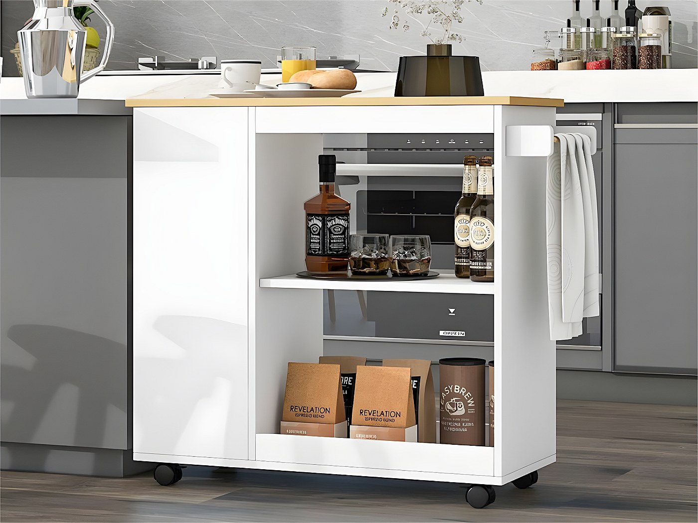 Chariot De Cuisine Roulant SOGES – Blanc, Avec Tiroirs Et Armoire, Roulettes, 100x45x82 Cm, Rangement Mobile Pratique
