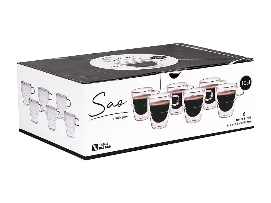 Set de 6 tasses à café 10 cl Sao double paroi en verre borosilicate