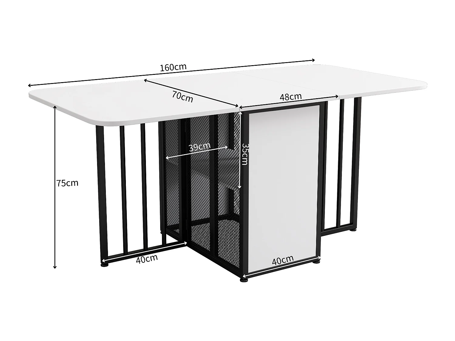 Veelzijdige intrekbare opklapbare eettafel met opbergplanken - spaanplaat - wit en zwart