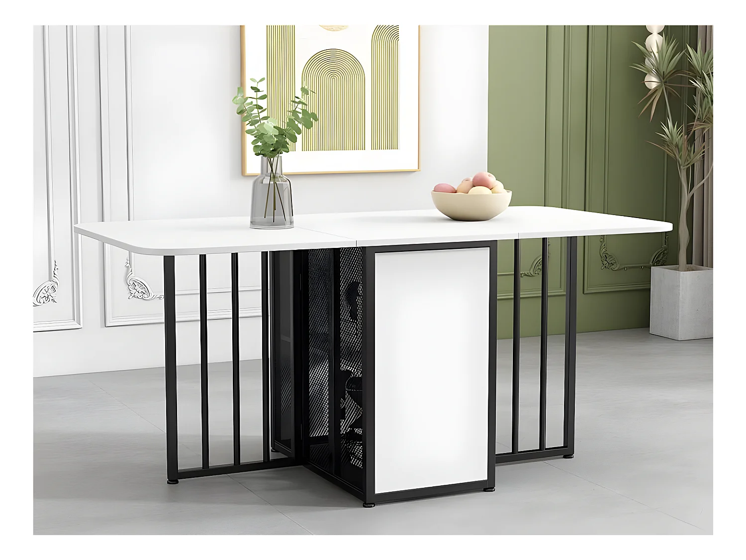 Table à manger pliante rétractable polyvalente avec étagères de rangement - Panneaux de particules - Blanc & Noir