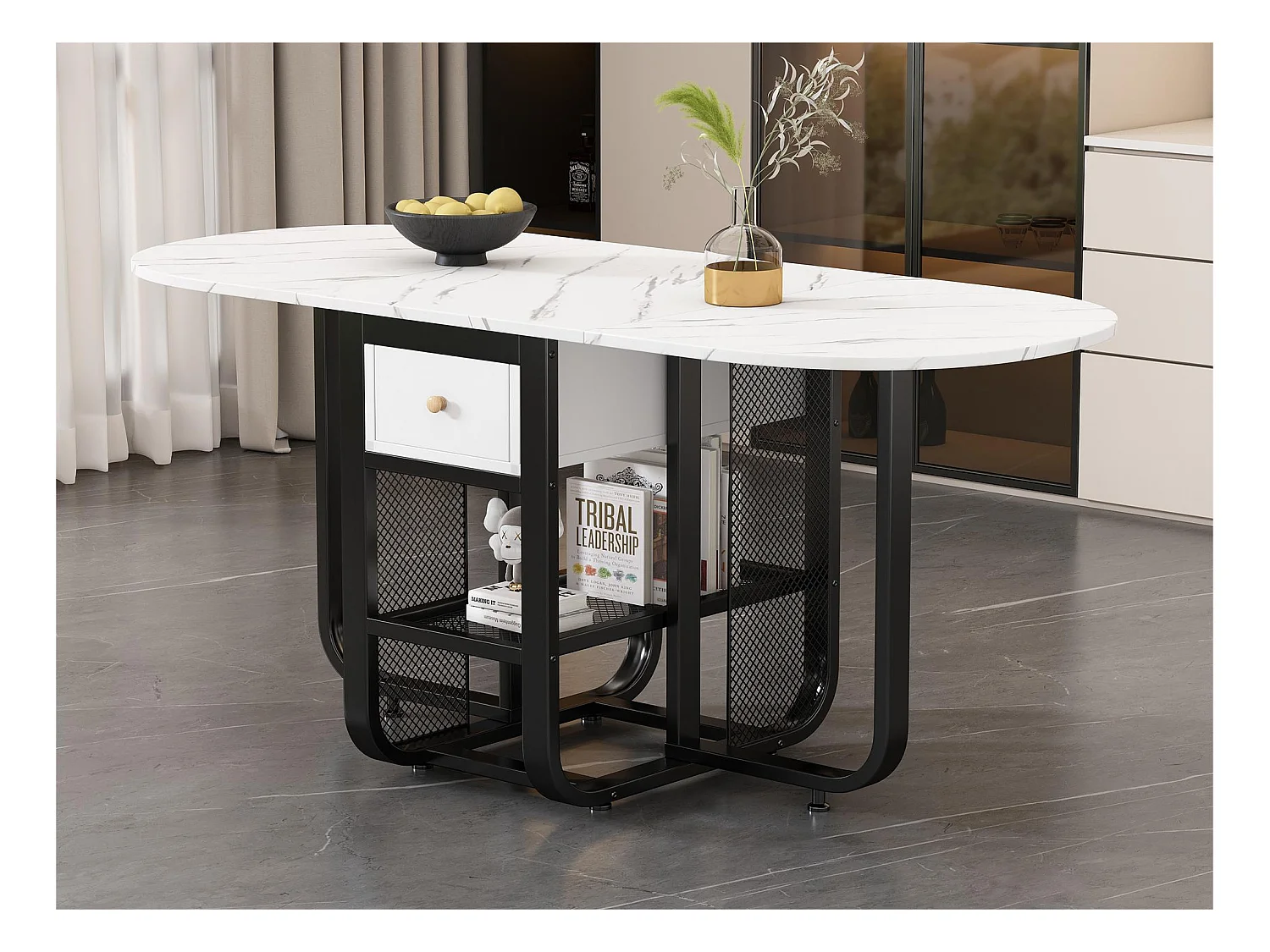 Table à manger pliante rétractable polyvalente - avec 2 tiroirs et étagère de rangement - Panneaux de particules - Blanc & Noir