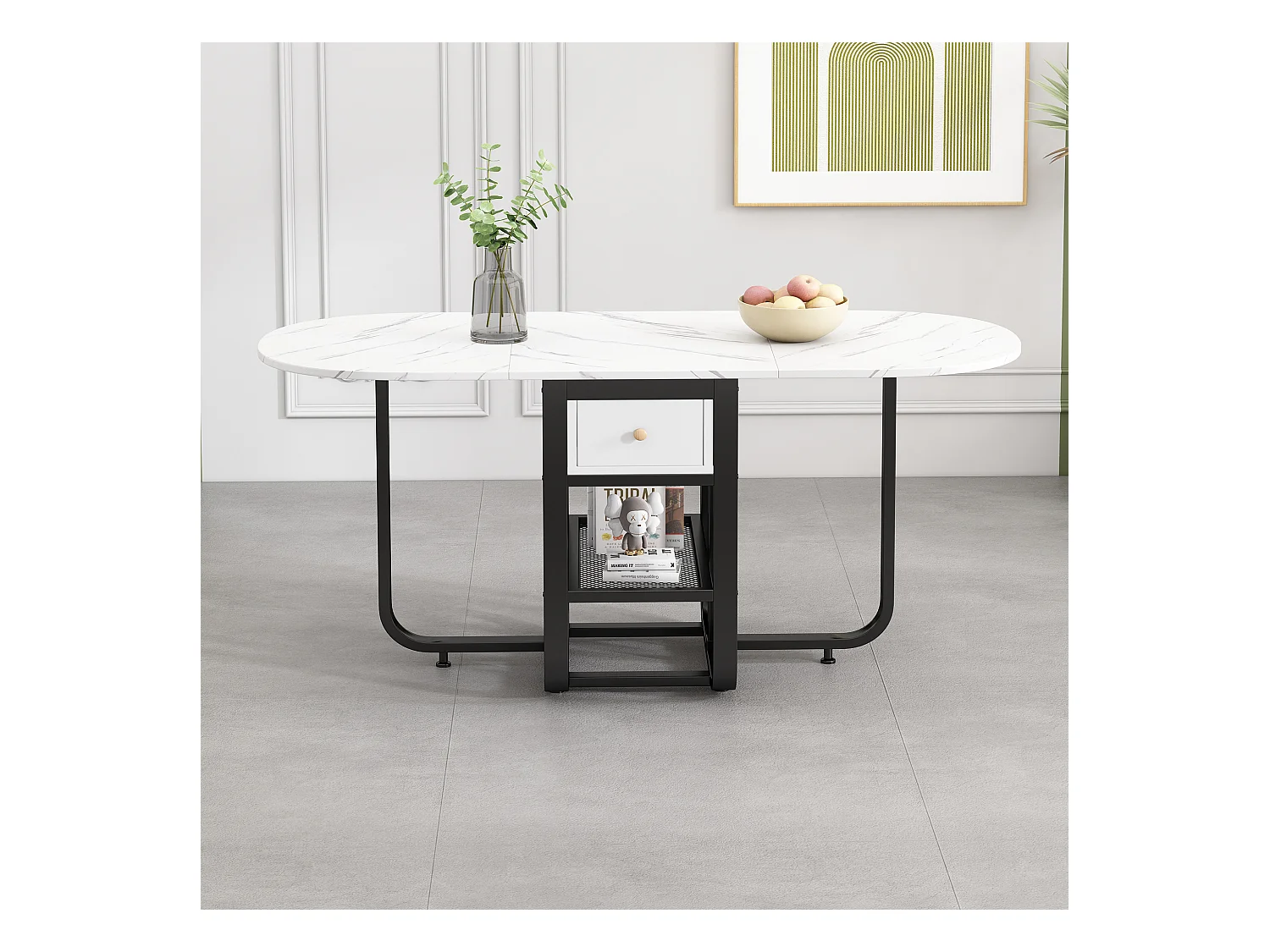 Table à manger pliante rétractable polyvalente - avec 2 tiroirs et étagère de rangement - Panneaux de particules - Blanc & Noir