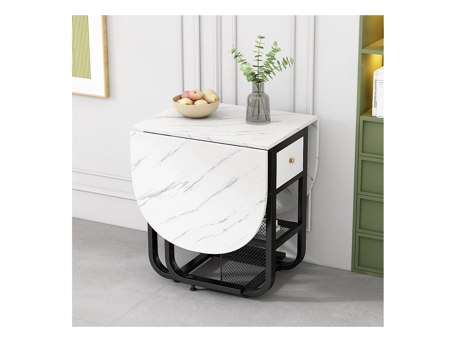 Table à manger pliante rétractable polyvalente - avec 2 tiroirs et étagère de rangement - Panneaux de particules - Blanc & Noir