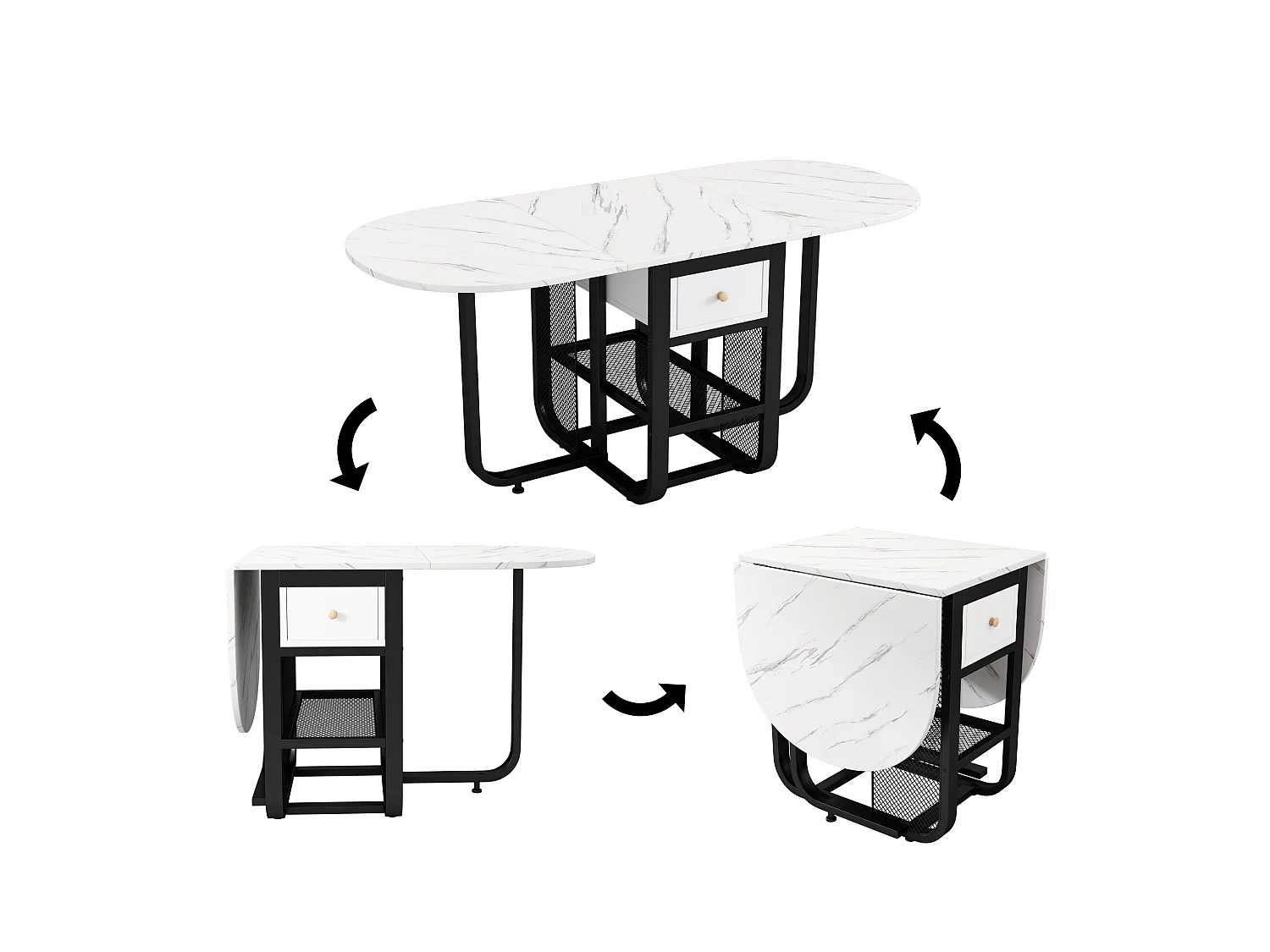 Table à manger pliante rétractable polyvalente - avec 2 tiroirs et étagère de rangement - Panneaux de particules - Blanc & Noir