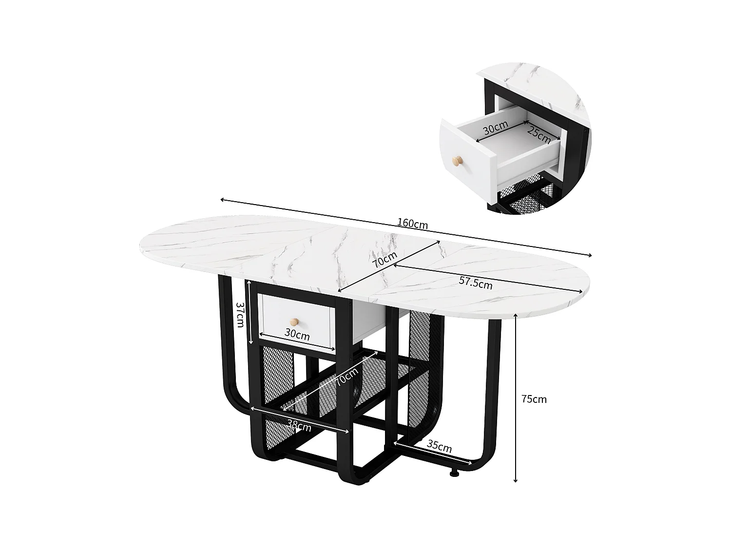 Table à manger pliante rétractable polyvalente - avec 2 tiroirs et étagère de rangement - Panneaux de particules - Blanc & Noir