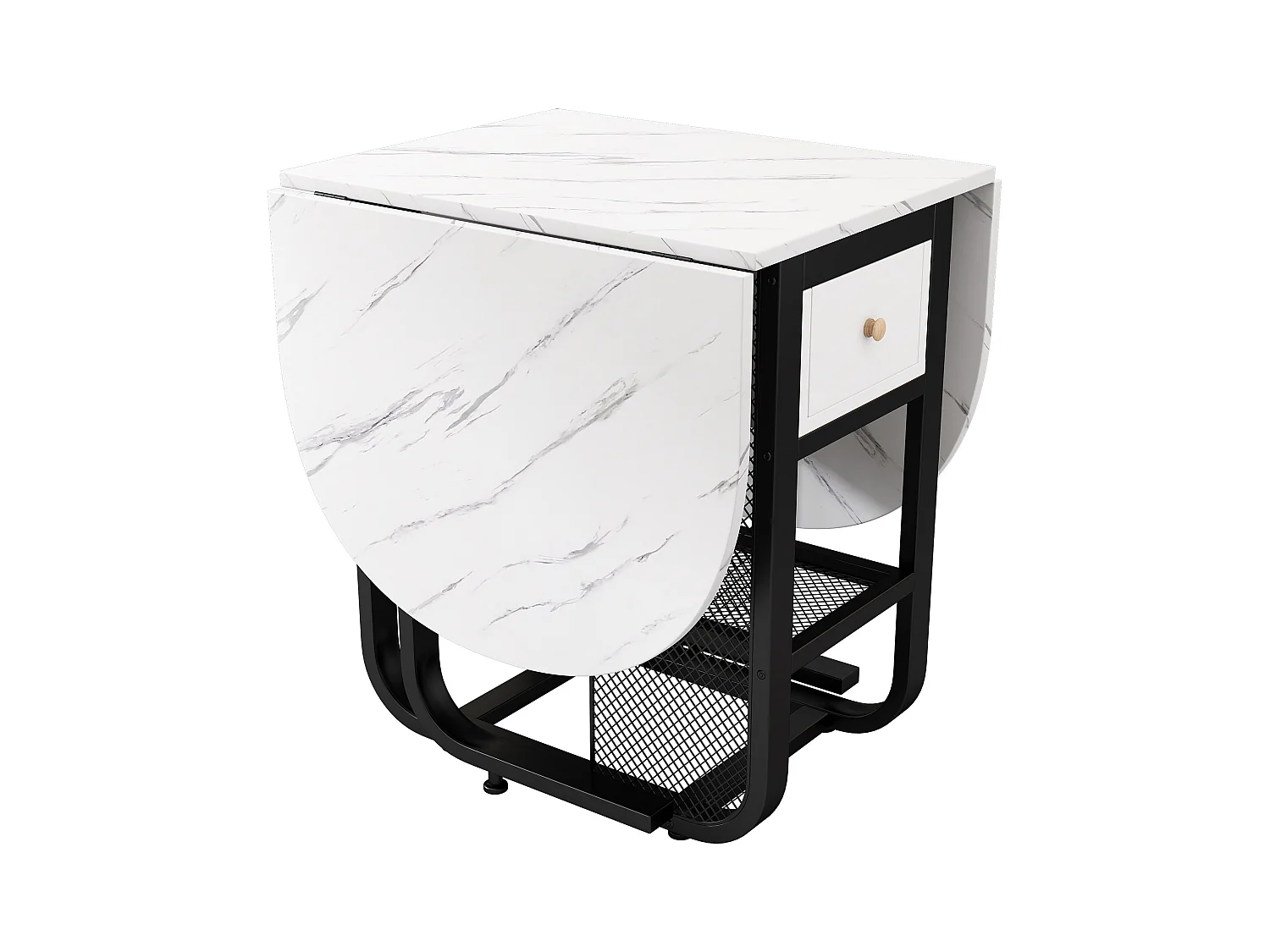 Table à manger pliante rétractable polyvalente - avec 2 tiroirs et étagère de rangement - Panneaux de particules - Blanc & Noir