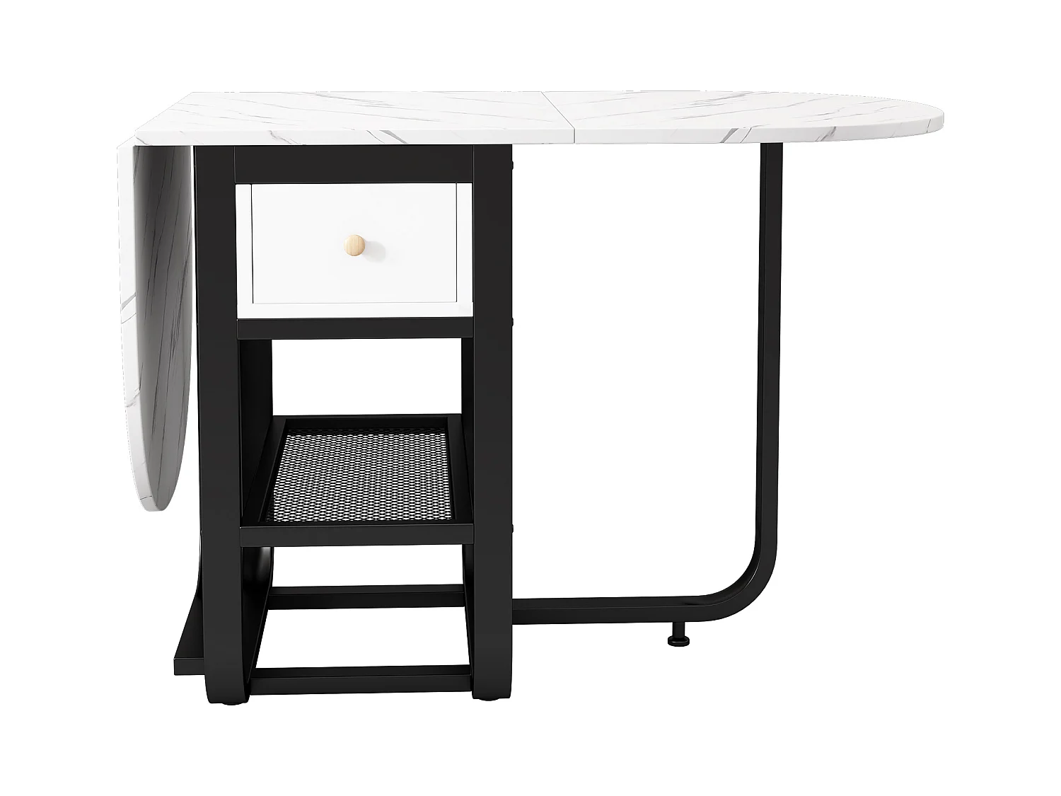 Table à manger pliante rétractable polyvalente - avec 2 tiroirs et étagère de rangement - Panneaux de particules - Blanc & Noir