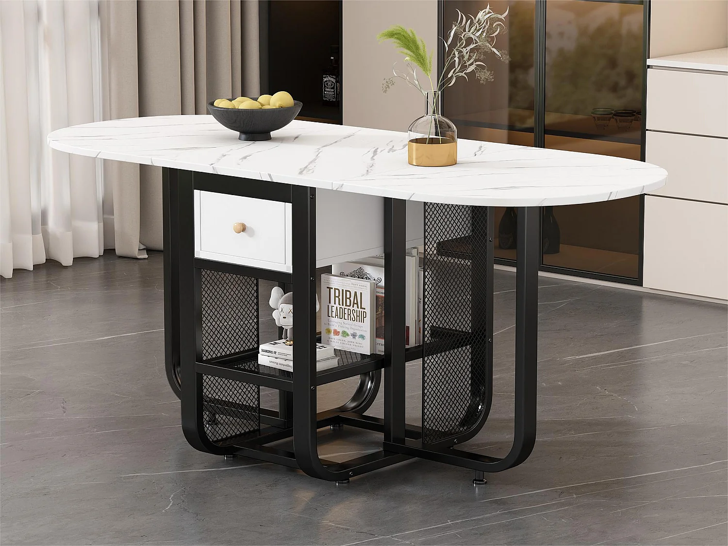 Table à manger pliante rétractable polyvalente - avec 2 tiroirs et étagère de rangement - Panneaux de particules - Blanc & Noir