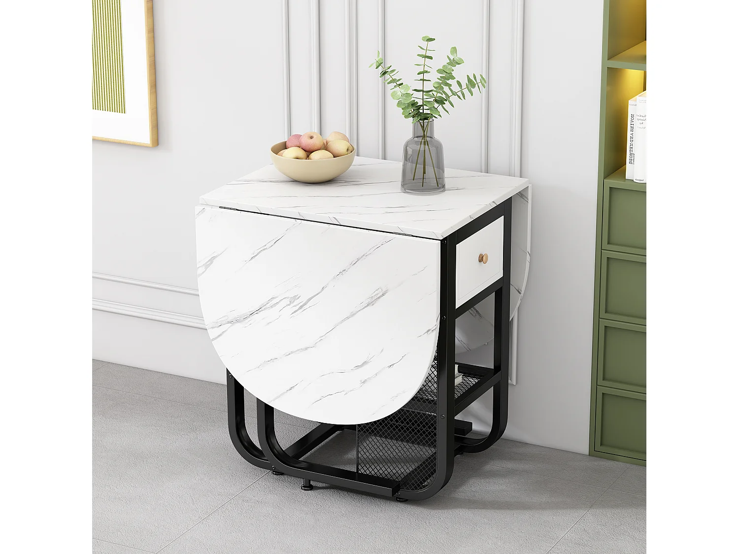 Table à manger pliante rétractable polyvalente - avec 2 tiroirs et étagère de rangement - Panneaux de particules - Blanc & Noir