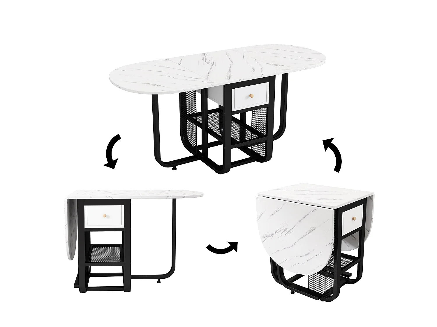Table à manger pliante rétractable polyvalente - avec 2 tiroirs et étagère de rangement - Panneaux de particules - Blanc & Noir