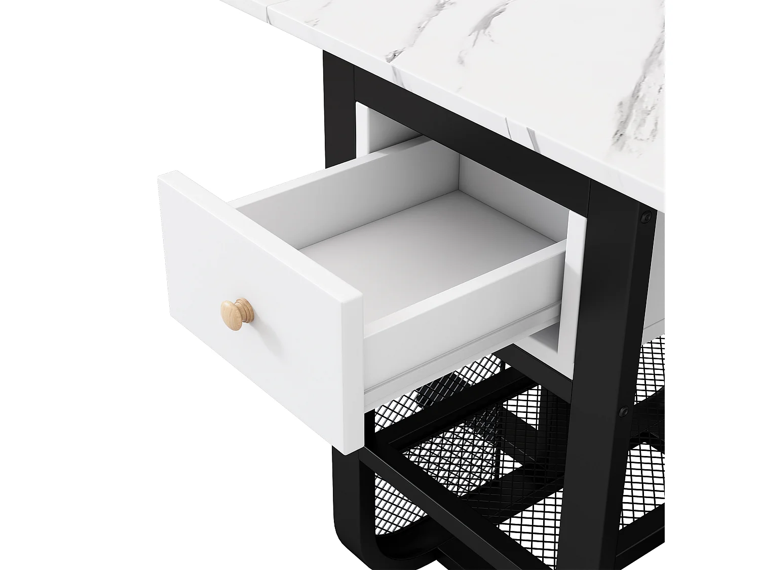 Table à manger pliante rétractable polyvalente - avec 2 tiroirs et étagère de rangement - Panneaux de particules - Blanc & Noir