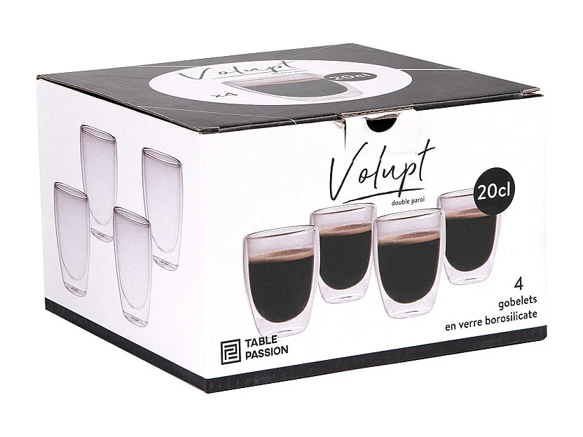 Set de 4 gobelets de 20 cl Volupt double paroi en verre borosilicate