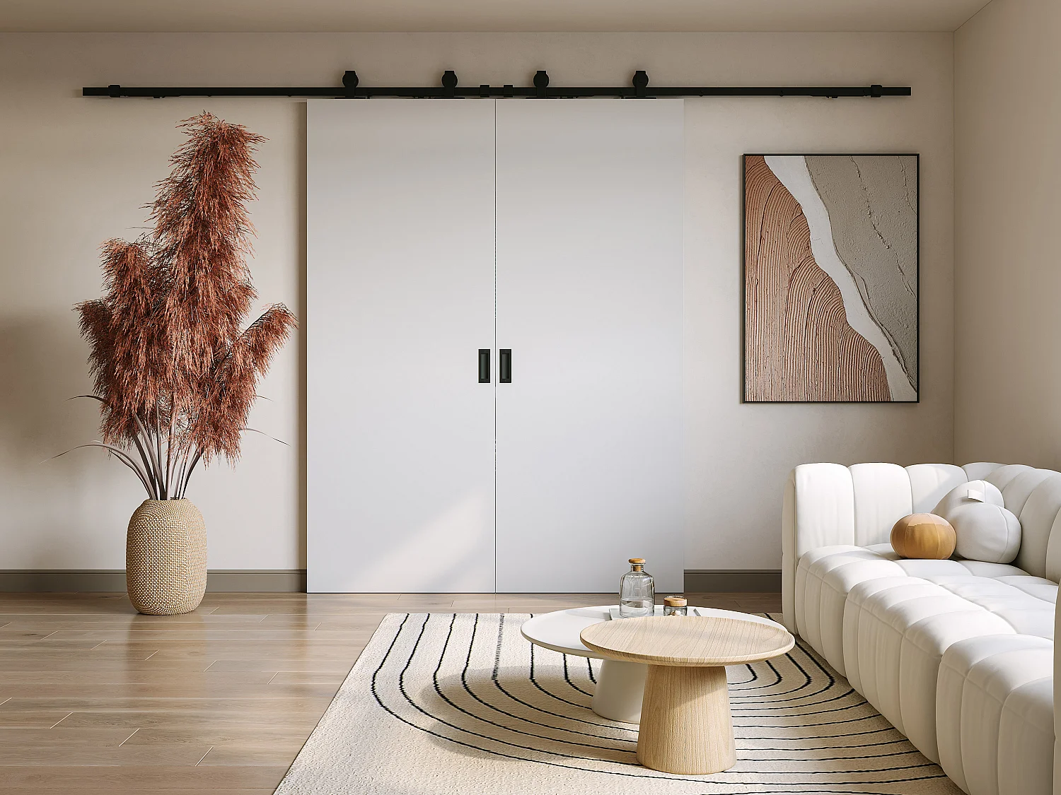 Doppel-Schiebetür mit Laufschiene - 2 x 205 x 93 cm - MDF + Kunststoff (PVC) - Weiß - VARIN II