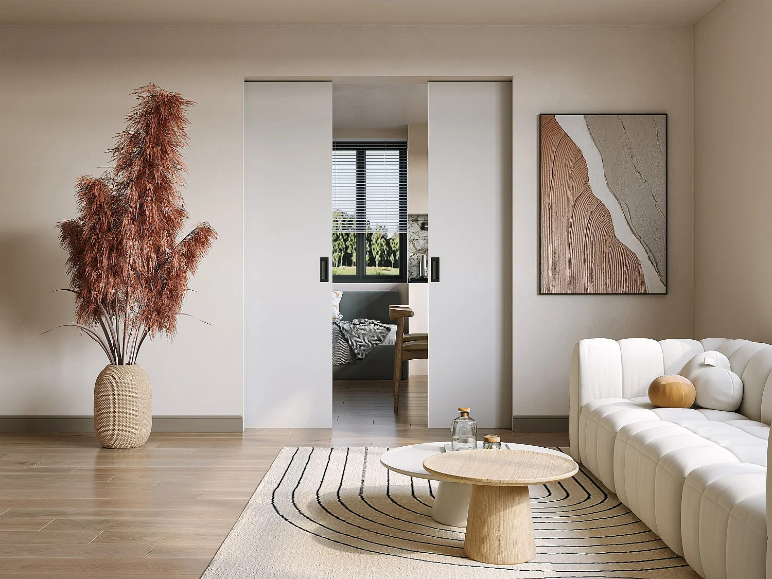 Porte coulissante double avec système à galandage - 2 x H205 x L73 cm - MDF + PVC Blanc - VARIN II