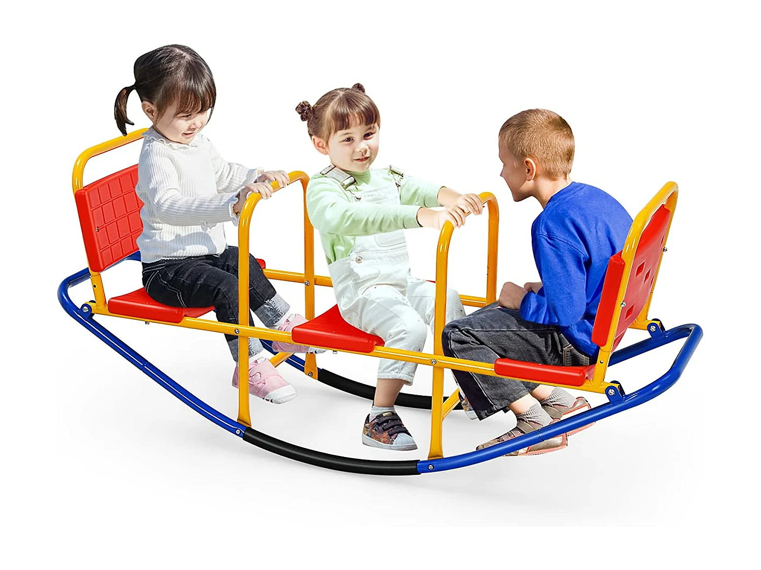 Bascule pour 3 Enfants Balançoire à bascule en Métal Tape-Cul avec Poignées 3 - 8 Ans Jouet pour Intérieur Extérieur