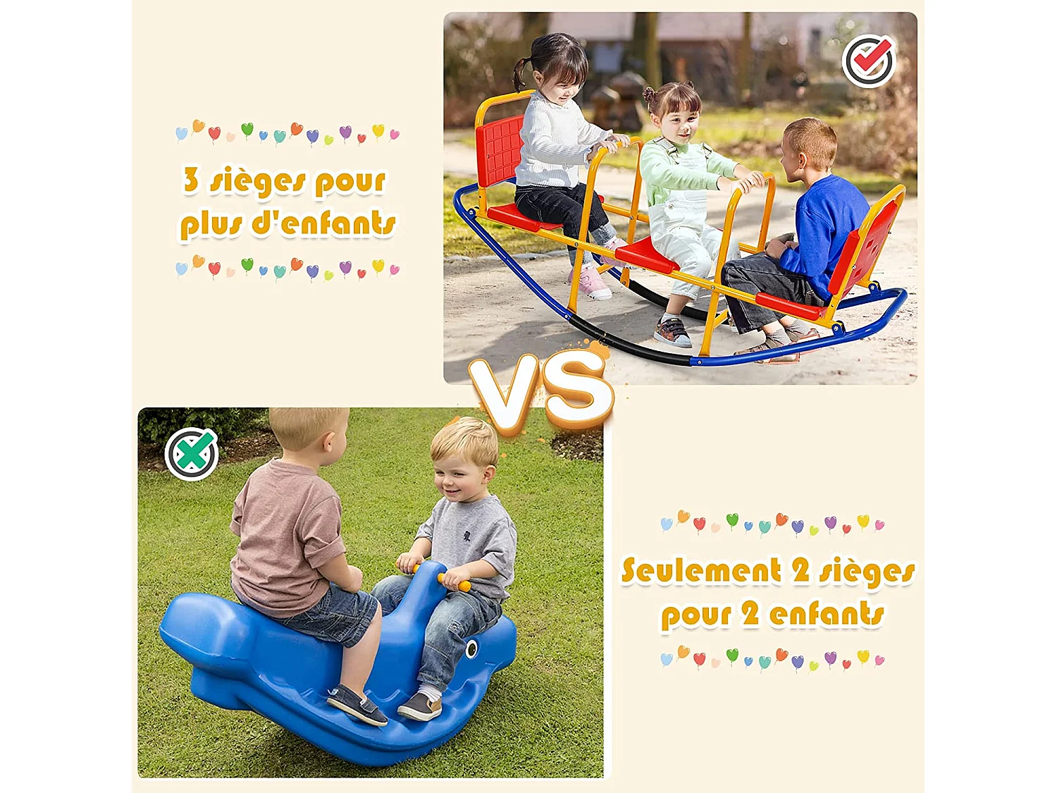 Bascule pour 3 Enfants Balançoire à bascule en Métal Tape-Cul avec Poignées 3 - 8 Ans Jouet pour Intérieur Extérieur