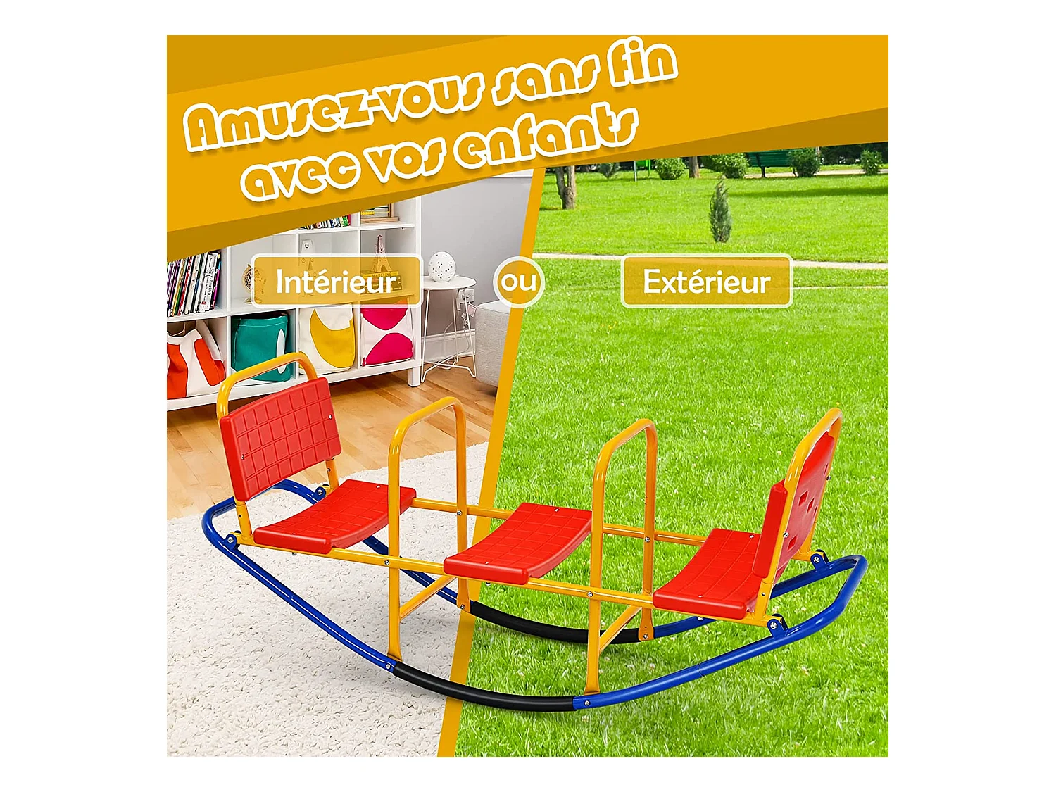 Bascule pour 3 Enfants Balançoire à bascule en Métal Tape-Cul avec Poignées 3 - 8 Ans Jouet pour Intérieur Extérieur