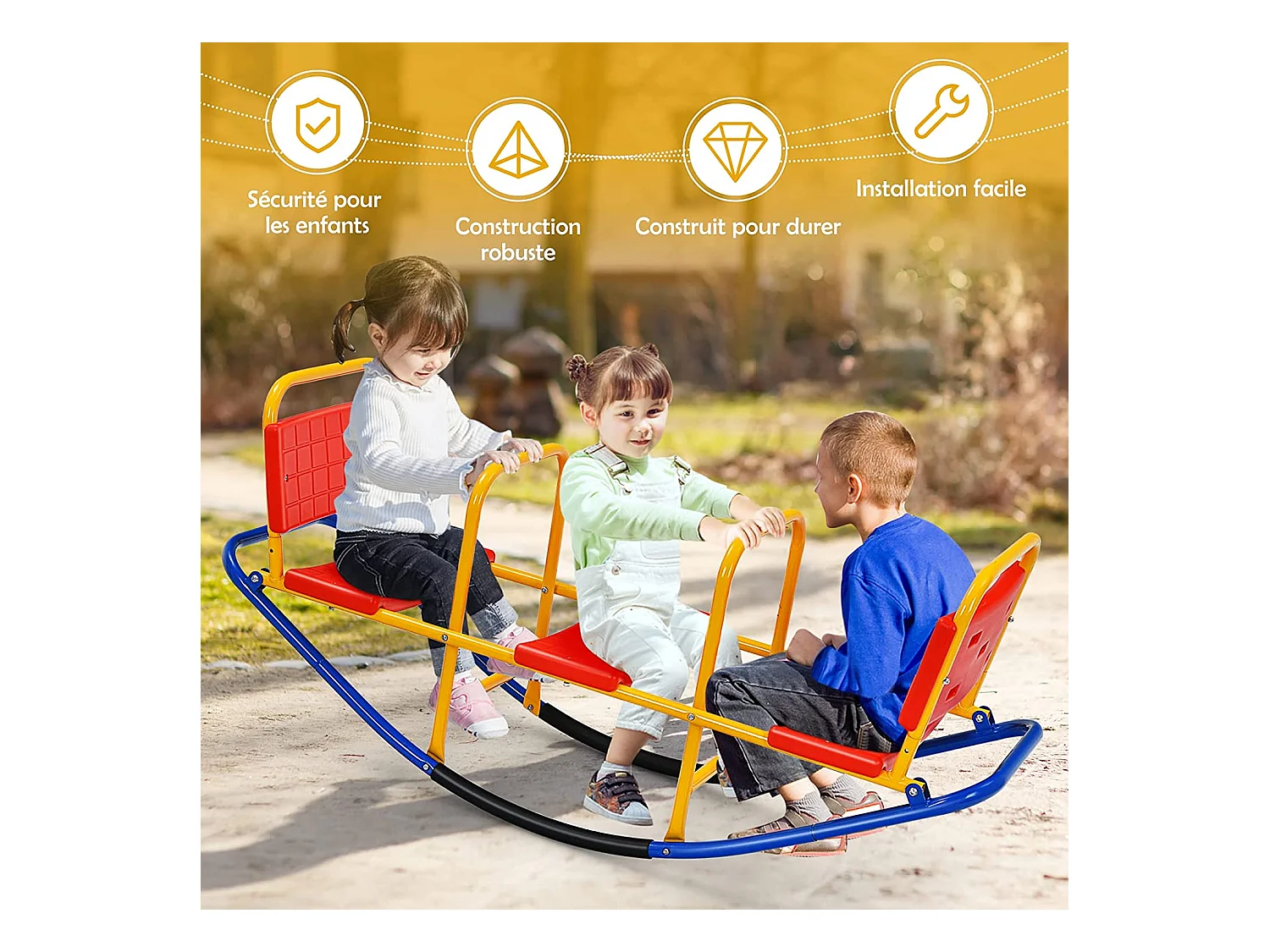 Bascule pour 3 Enfants Balançoire à bascule en Métal Tape-Cul avec Poignées 3 - 8 Ans Jouet pour Intérieur Extérieur