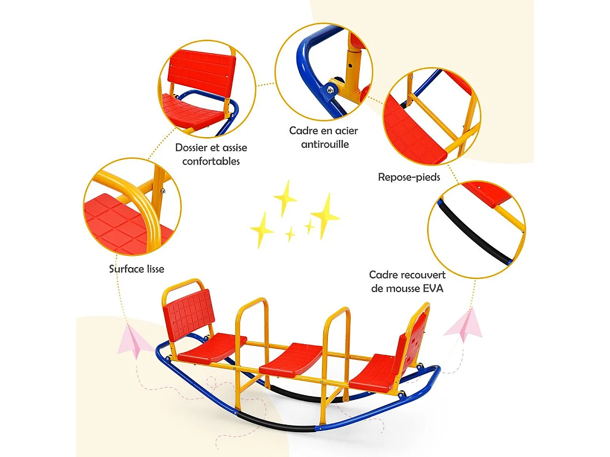 Bascule pour 3 Enfants Balançoire à bascule en Métal Tape-Cul avec Poignées 3 - 8 Ans Jouet pour Intérieur Extérieur