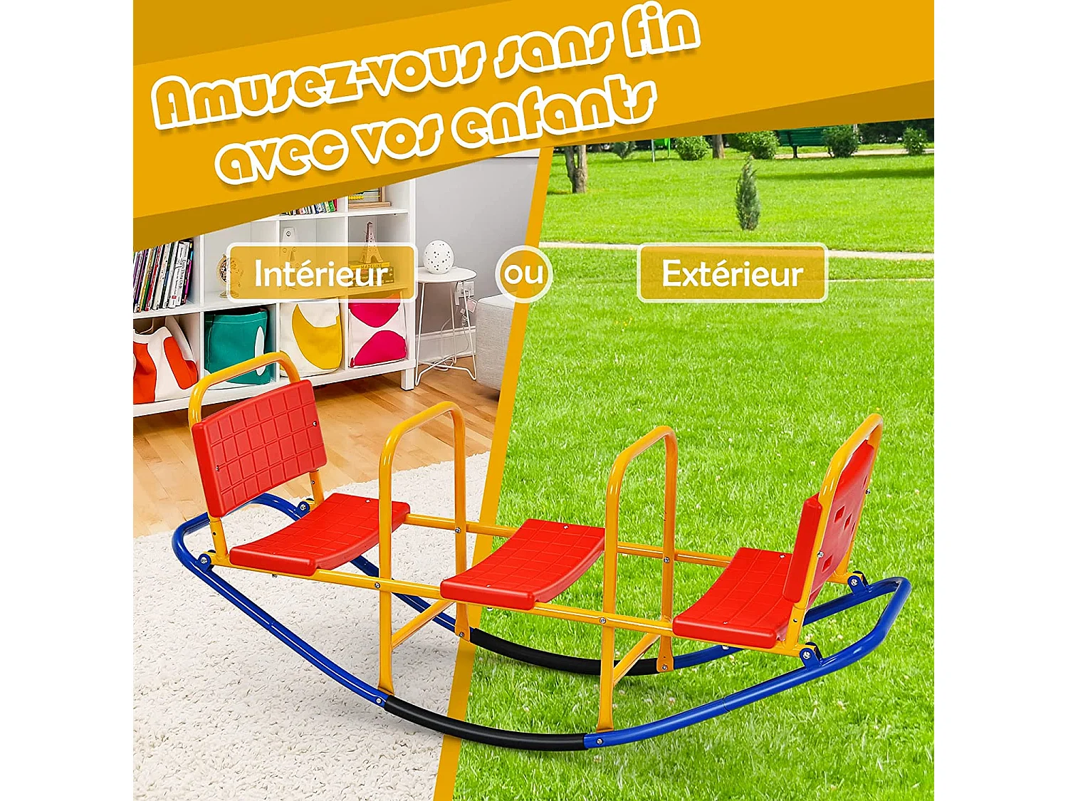 Bascule pour 3 Enfants Balançoire à bascule en Métal Tape-Cul avec Poignées 3 - 8 Ans Jouet pour Intérieur Extérieur