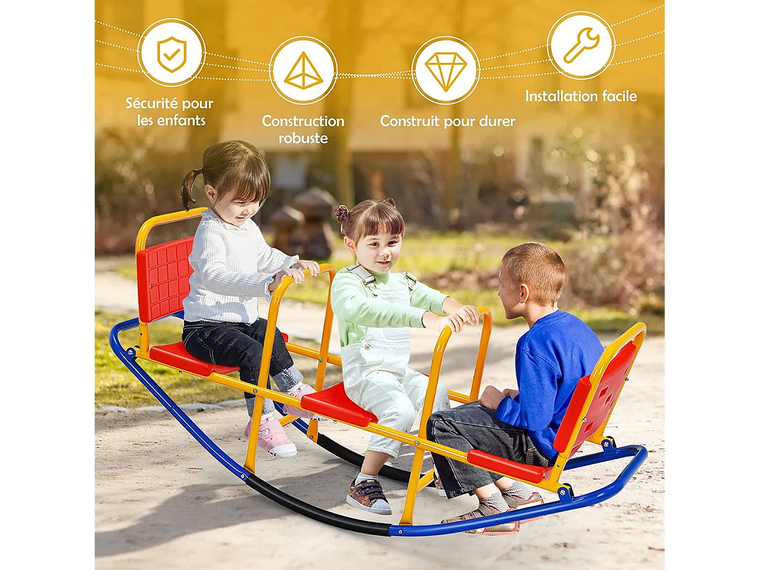 Bascule pour 3 Enfants Balançoire à bascule en Métal Tape-Cul avec Poignées 3 - 8 Ans Jouet pour Intérieur Extérieur