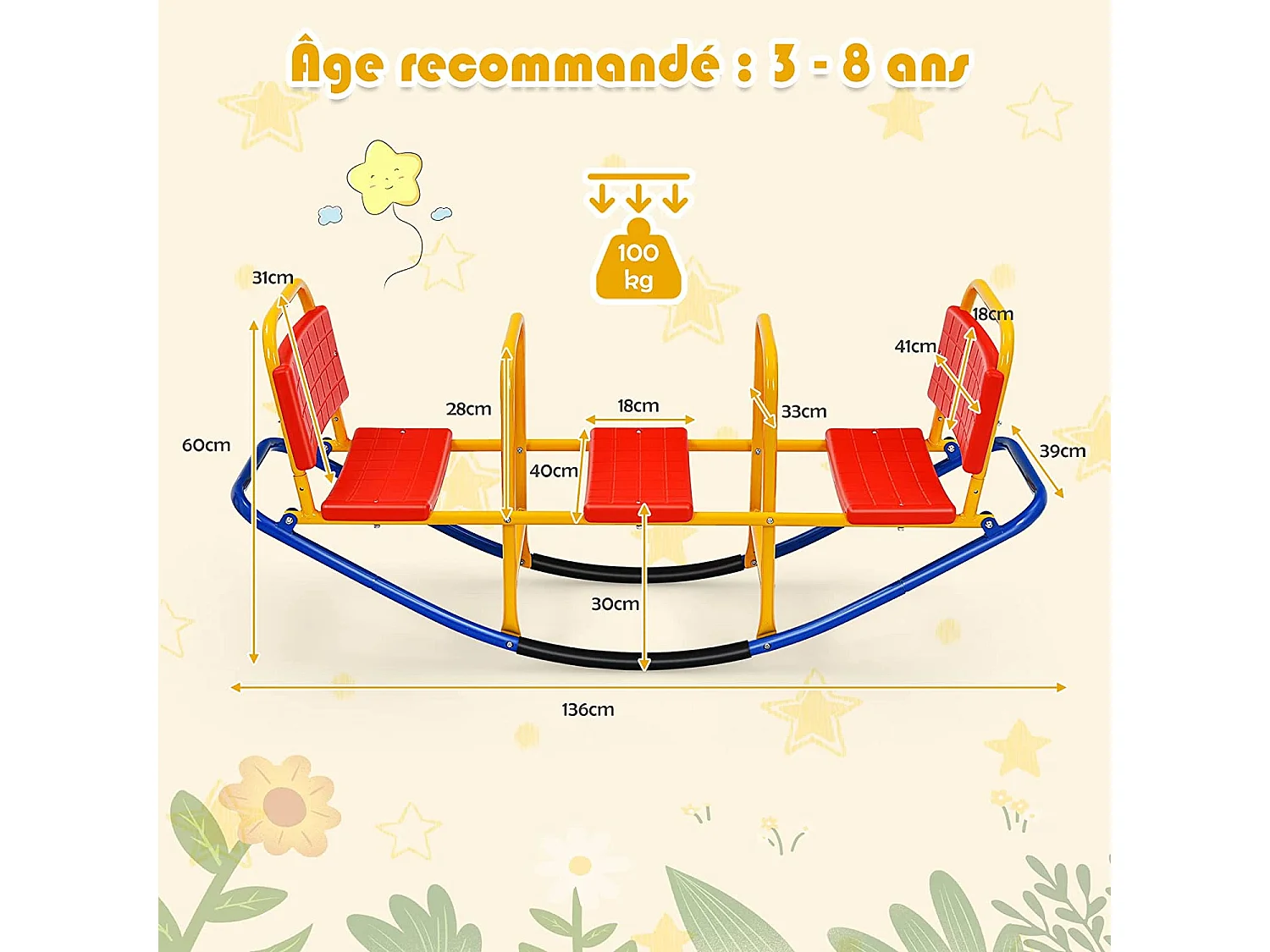 Bascule pour 3 Enfants Balançoire à bascule en Métal Tape-Cul avec Poignées 3 - 8 Ans Jouet pour Intérieur Extérieur