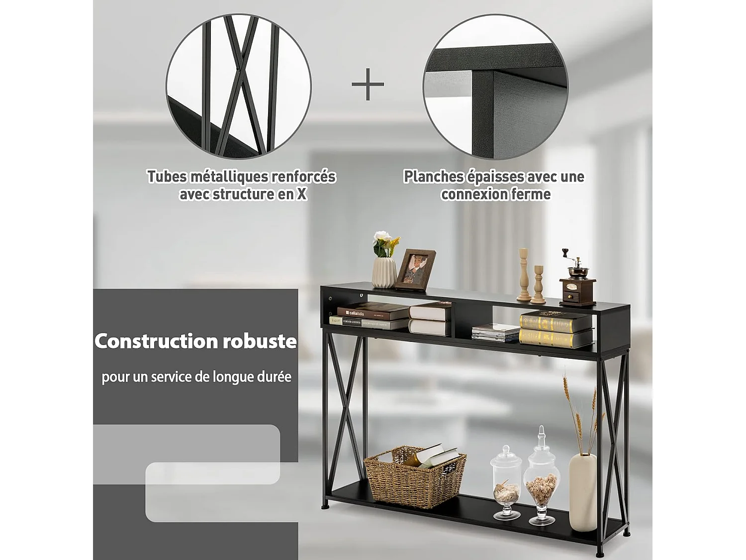 Table console de style industriel 120 x 23 x 79 cm,  Structure en Acier Meuble d'Entrée Anti-Basculement, Noir