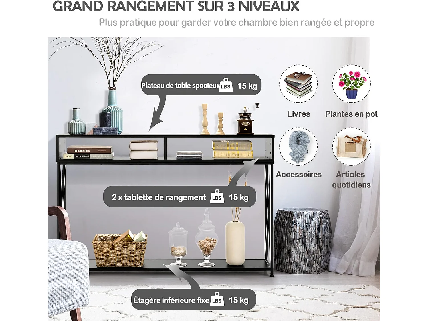 Table console de style industriel 120 x 23 x 79 cm,  Structure en Acier Meuble d'Entrée Anti-Basculement, Noir