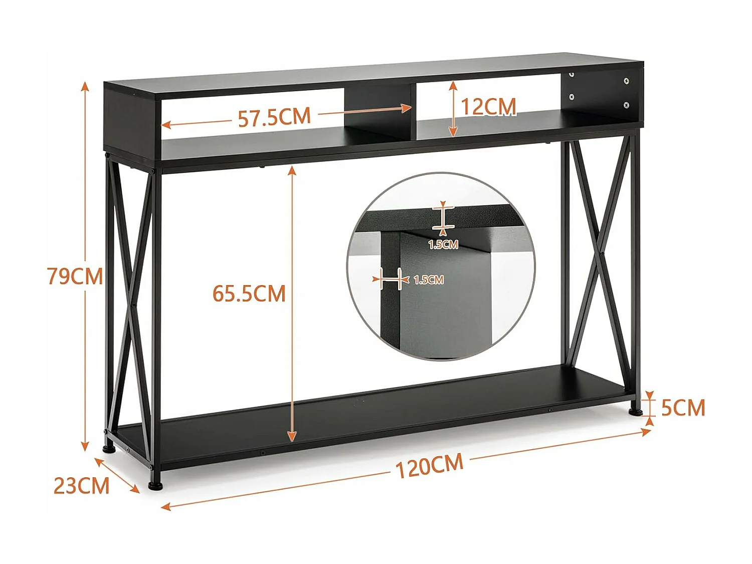 Table console de style industriel 120 x 23 x 79 cm,  Structure en Acier Meuble d'Entrée Anti-Basculement, Noir