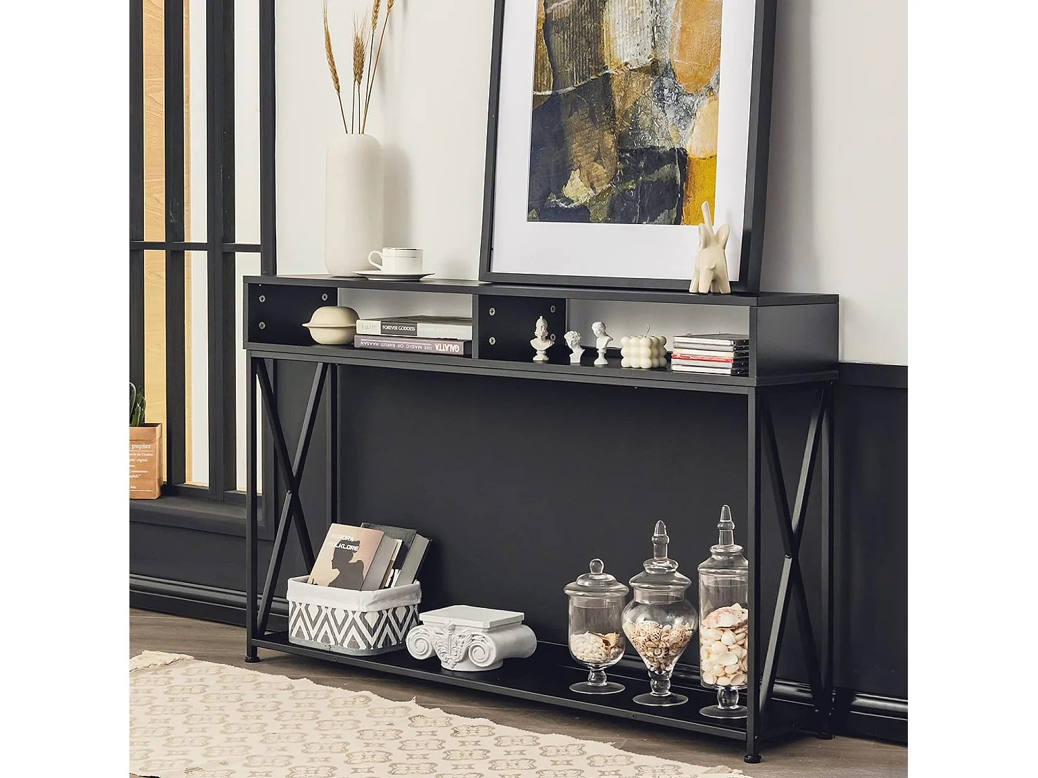 Table console de style industriel 120 x 23 x 79 cm,  Structure en Acier Meuble d'Entrée Anti-Basculement, Noir