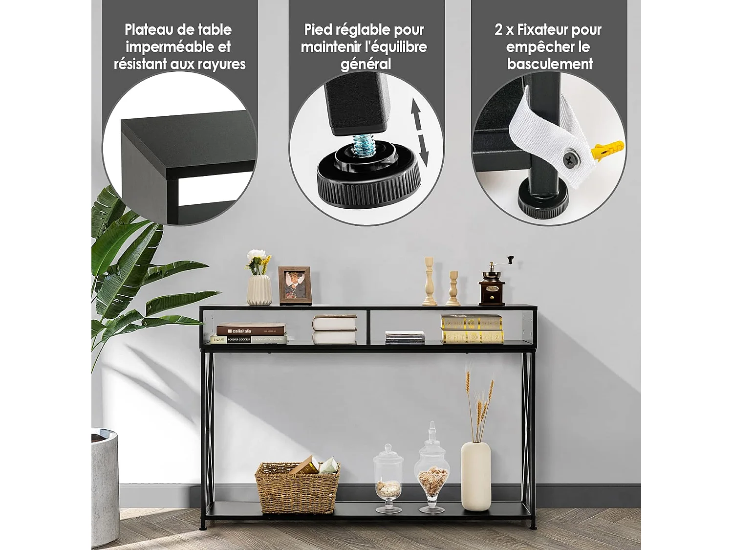 Table console de style industriel 120 x 23 x 79 cm,  Structure en Acier Meuble d'Entrée Anti-Basculement, Noir