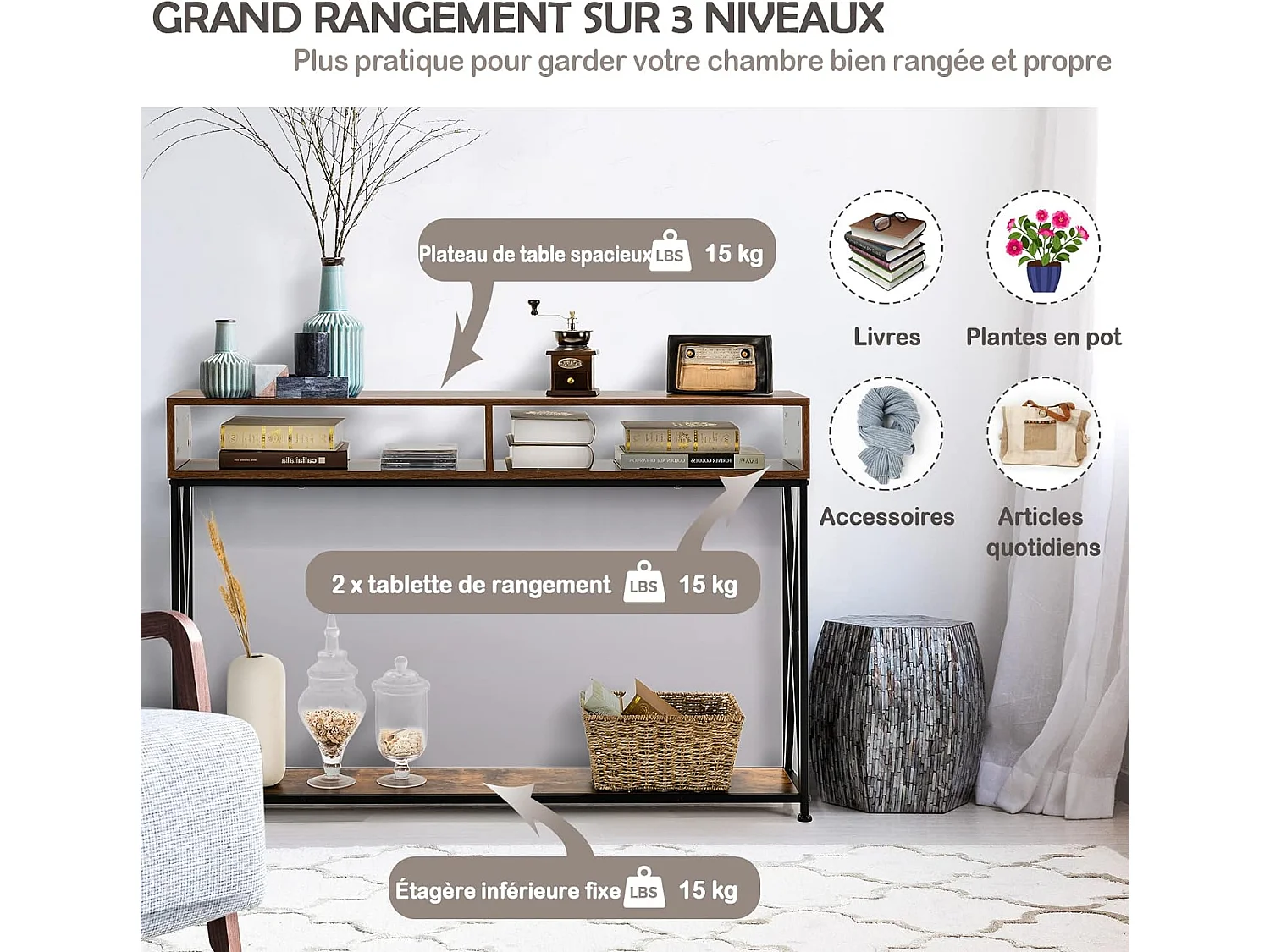 Table console de style industriel 120 x 23 x 79 cm