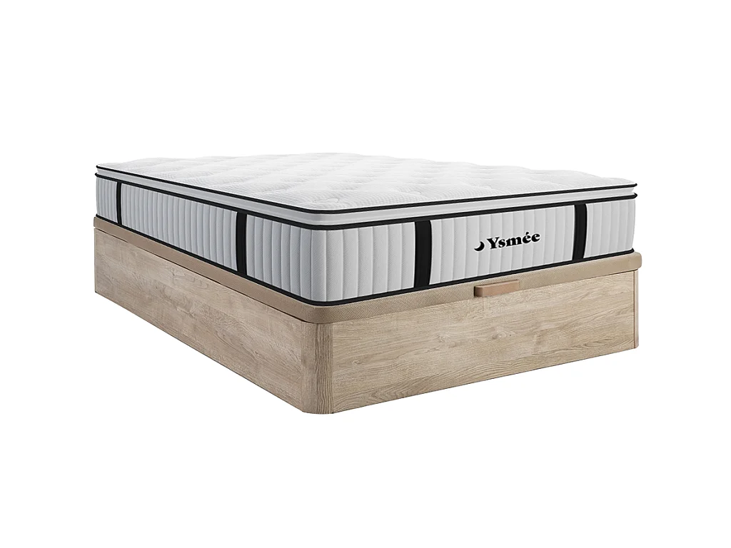 Ensemble 140 x 190 cm sommier coffre naturel clair + matelas ressorts ensachés surmatelas intégré ép.28cm - AMERICAN DREAM de YSMÉE