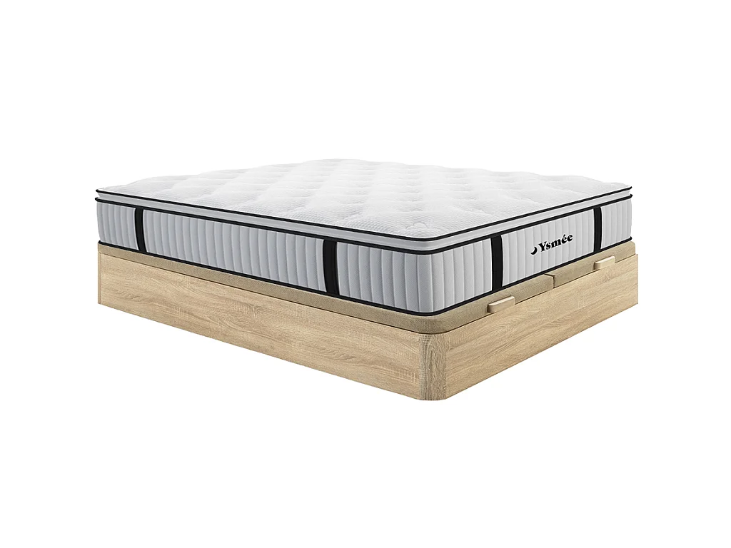 Ensemble 180 x 200 cm sommier coffre naturel clair + matelas ressorts ensachés surmatelas intégré ép.28cm - AMERICAN DREAM de YSMÉE