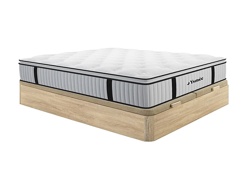 Ensemble 180 x 200 cm sommier coffre naturel clair + matelas ressorts ensachés surmatelas intégré ép.28cm - AMERICAN DREAM de YSMÉE