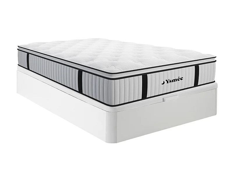 Ensemble 140 x 190 cm sommier coffre blanc + matelas ressorts ensachés surmatelas intégré ép.28cm - AMERICAN DREAM de YSMÉE
