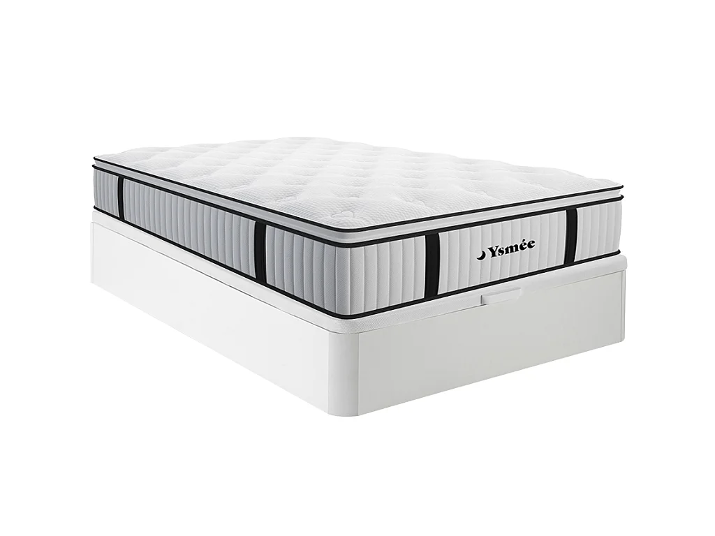 Set 140 x 190 cm bedbodem met opbergruimte wit + matras met pocketveren en ingebouwde dekmatras dikte 28 cm - AMERICAN DREAM van YSMÉE