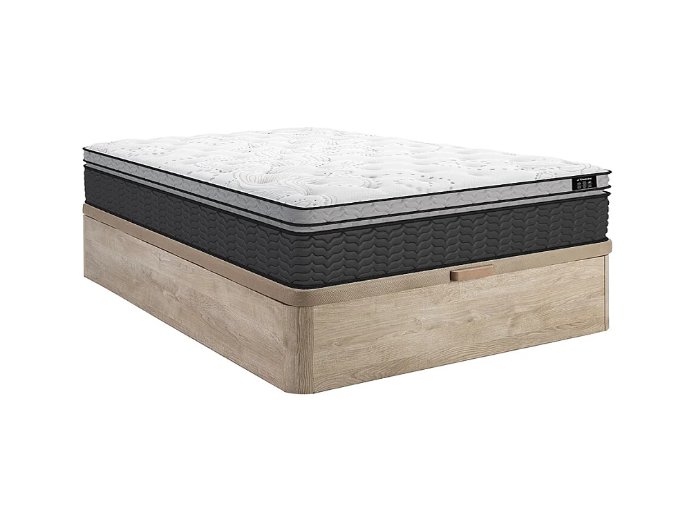 Ensemble 140 x 190 cm sommier coffre naturel clair + matelas hybride ressorts ensachés et surmatelas intégré ép.30cm - GAMIANI de YSMÉE