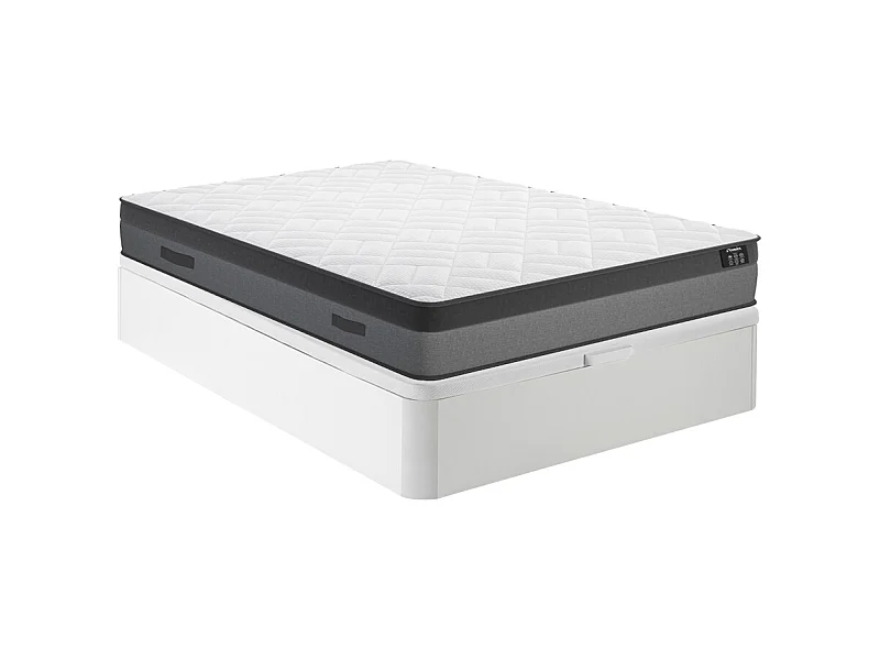 Set aus Bettgestell mit Bettkasten + Matratze - 140 x 190 cm - Taschenfederkern & Memory Schaum - Stärke 24 cm - Weiß - ILLUSION von YSMÉE