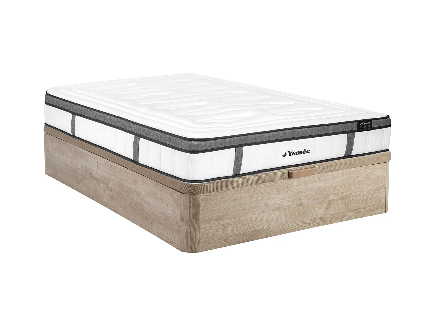 Ensemble 160 x 200 cm sommier coffre naturel clair + matelas hybride ressorts ensachés 7 zones et mémoire de forme ép.30cm - OLIANE de YSMÉE
