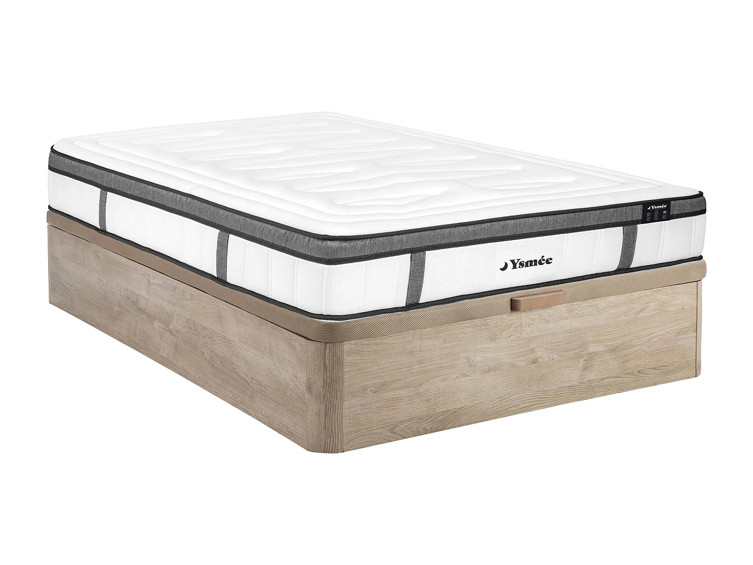 Ensemble 160 x 200 cm sommier coffre naturel clair + matelas hybride ressorts ensachés 7 zones et mémoire de forme ép.30cm - OLIANE de YSMÉE