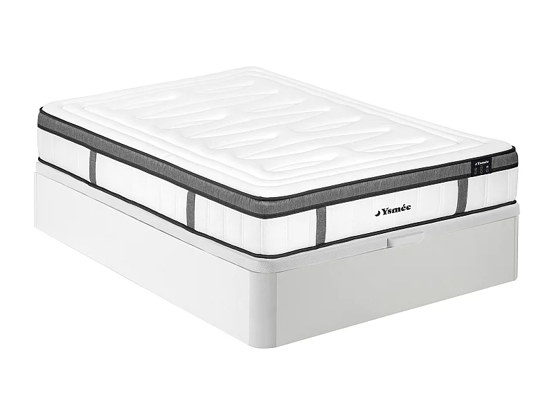 Set aus Bettgestell mit Bettkasten + Matratze - 160 x 200 cm - Hybridmatratze - 7-Zonen-Taschenfederkern & Memory Schaum - Stärke 30 cm - Weiß - OLIANE von YSMÉE