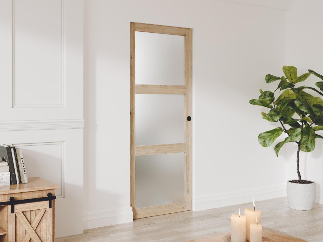 Porte coulissante avec système à galandage en bois et verre trempé dépoli - 3 fenêtres - H205 x L93 cm - ACOSTA II