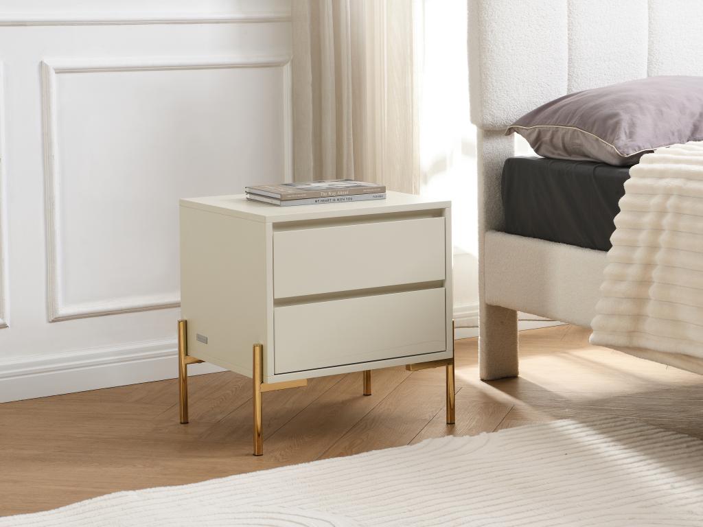 Nachttisch mit 2 Schubladen - MDF & Metall - Beige & Goldfarben - KORASA vo günstig online kaufen