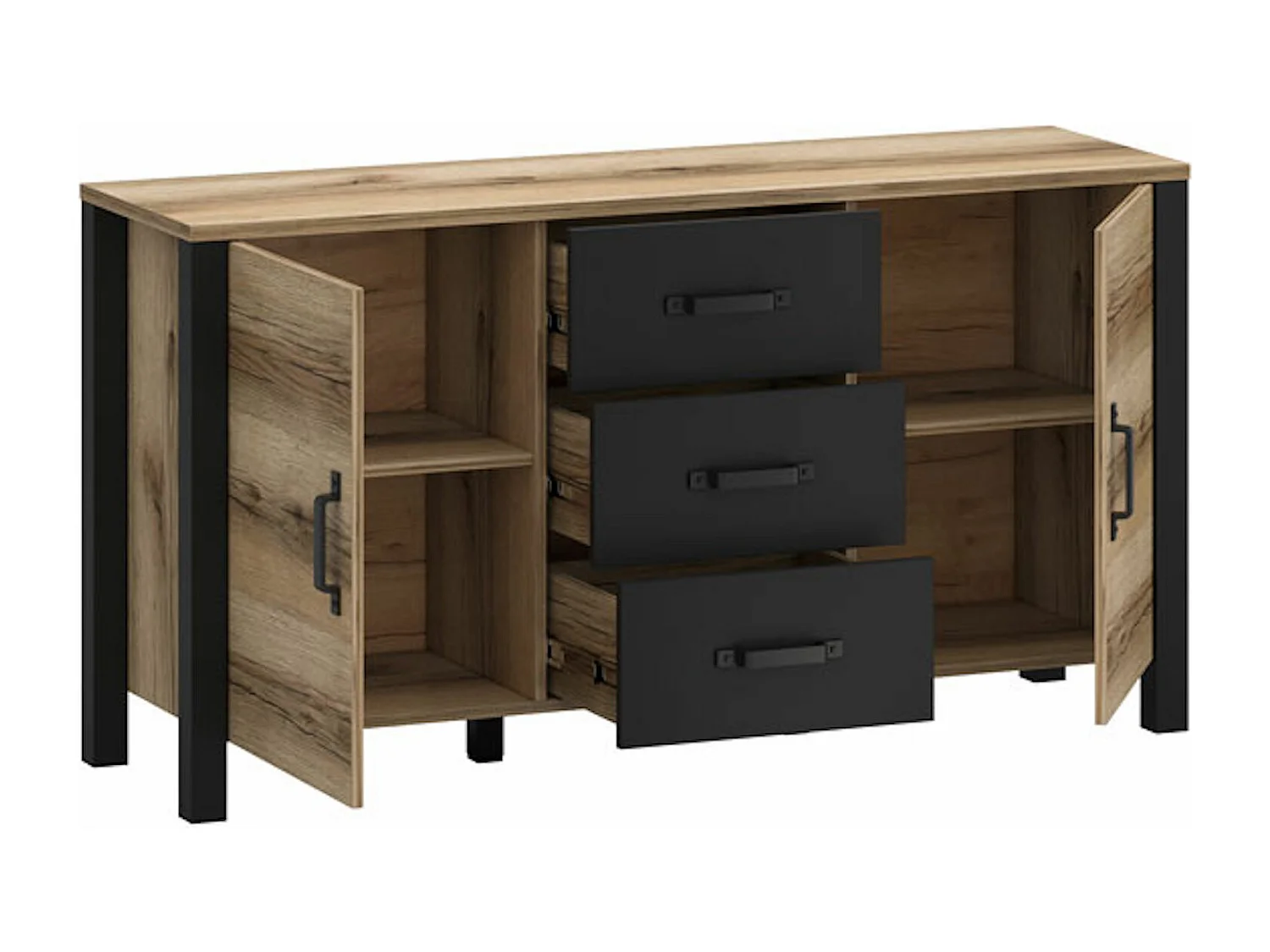 Kommode Derby Eiche Delano hell / schwarz 147 / 43 / 79 cm